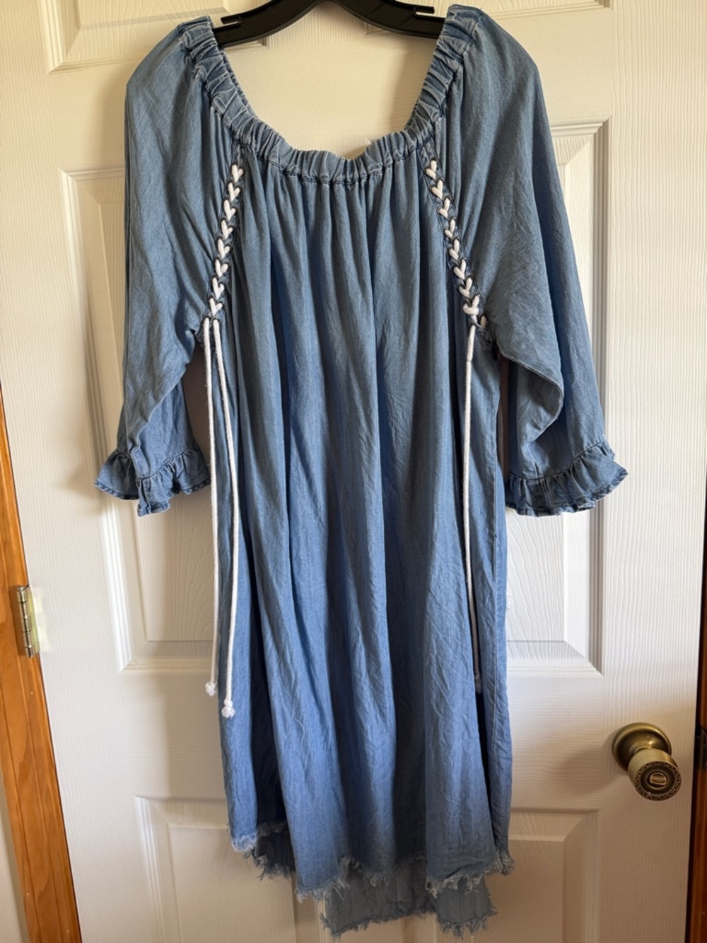 Chelsea & Theodore Chambray Blue Peasant Midi Dress with Braided Ties